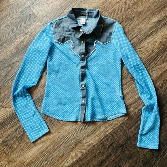 Frankie B. Blue Fitted Button Down Shirt with Notched Collar - Picture 1 of 3